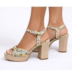 Kaari Blue Cottagecore Floral Block Heel Sandals Yellow Blue Bow Size 7